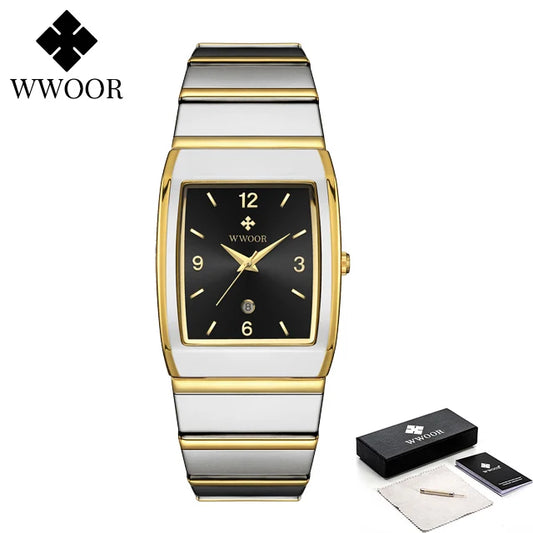 Luckacco Relogio Masculino WWOOR New Man's Square Watch For Men with Automatic Date Luxury Stainless Steel Gold Mens Quartz Wrist Watches
