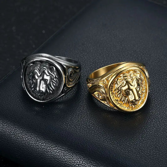 Luckacco New Retro Animal Lion Pattern Men's Ring Fashion Vintage Metal Gold silver color Lion Head Ring Accessories Party Jewelry