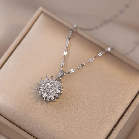 Luckacco Classic Sunflower Cubic Zirconia Pendant Necklaces For Women Gold Color Alloy Rotate Necklace Daily Jewelry