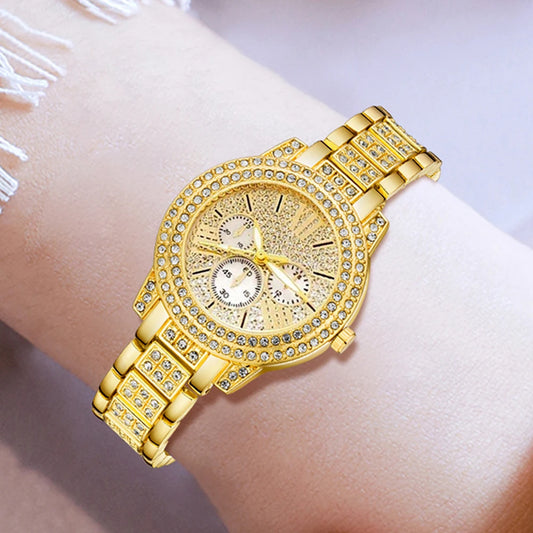 Luckacco Women's Quartz Watch Gold Luxury Women Ring Necklace Earring Rhinestone Fashion Wristwatch Casual Ladies Watches Jewelry Set ﻿