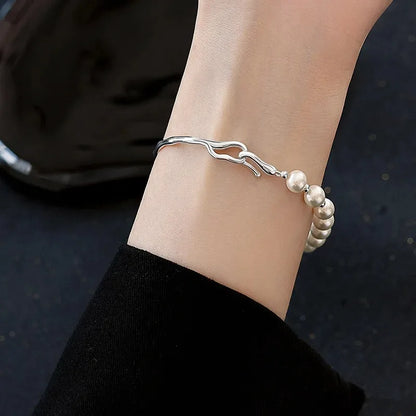 Luckacco 925 Sterling Silver Pearl Beads Bracelet for Women Girls Vintage Irregular Metal Charm Bangles Luxury Fashion Party Jewelry Gift