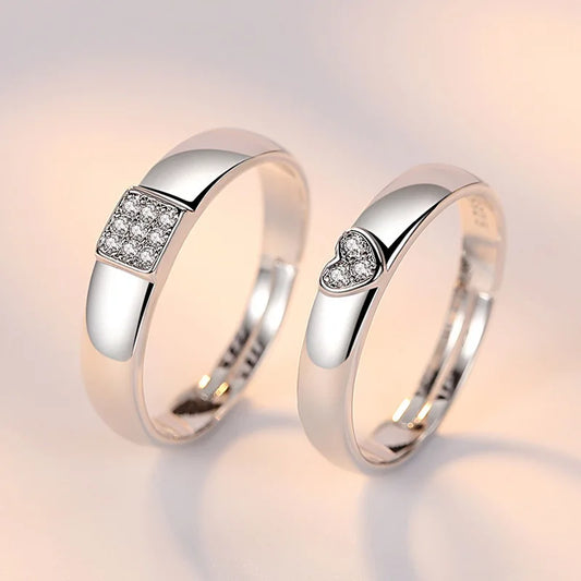 Luckacco 2Pcs/sets Geometric Love Heart Zircon Rings Paired Rings for Couple Promise Matching Wedding Ring Set Senior Designer Jewelry