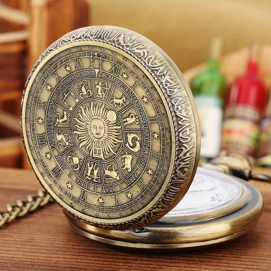 Luckacco Bronze Vintage Tarot Commemorative Pattern Pocket Watch Constellation Lucky Sun Moon Necklace Memorial For Male Kids Relogio Saa