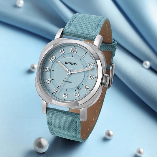 Luckacco BERNY Mechanical Watch for Women Self-wind Pillow Cushion Sapphire Super Luminous Wristwatch Canvas Calendar Watch for Ladies