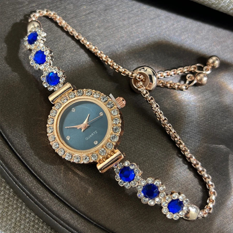 luckacco foreign trade chalcedony bracelet watch set with diamond light luxury live new fashion quartz watch pull diamond women's watch