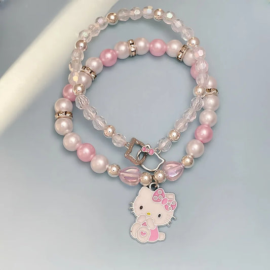 Luckacco 2PCS Kawaii Hello Kitty Bracelet Set Sanrio Crystal Beads Jewelry Gift for Girls Cute Anime Pendant Accessory