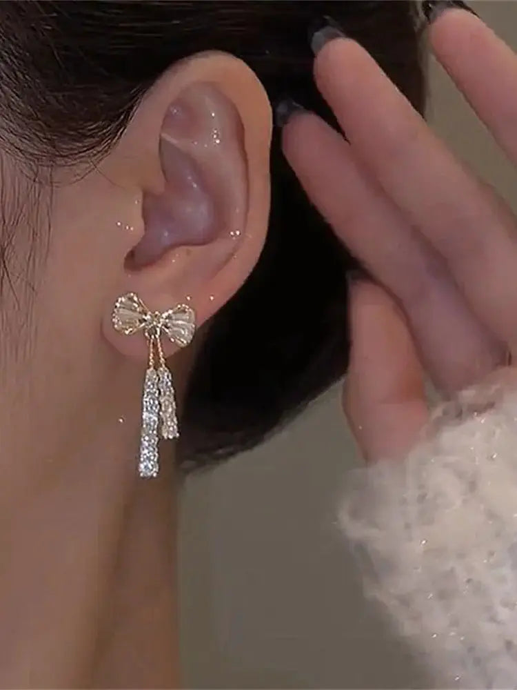 luckacco fashion zircon bow earrings acrylic crystal tassel earrings for women fashion party jewelry trendy accessories gifts