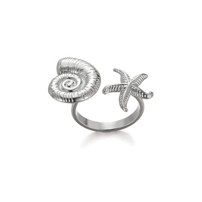Luckacco Elegant Stainless Steel Big Bloom Flower Rings For Women Gold Color Sun Starfish Open Ring Finger Jewelry Wedding Her Gift Punk