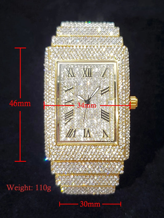 Luckacco Gold Men's Watches Rectangle Dial Luxury Diamond Fashion Big Wristwatches Luminous Point Iced Quartz Watch For Men