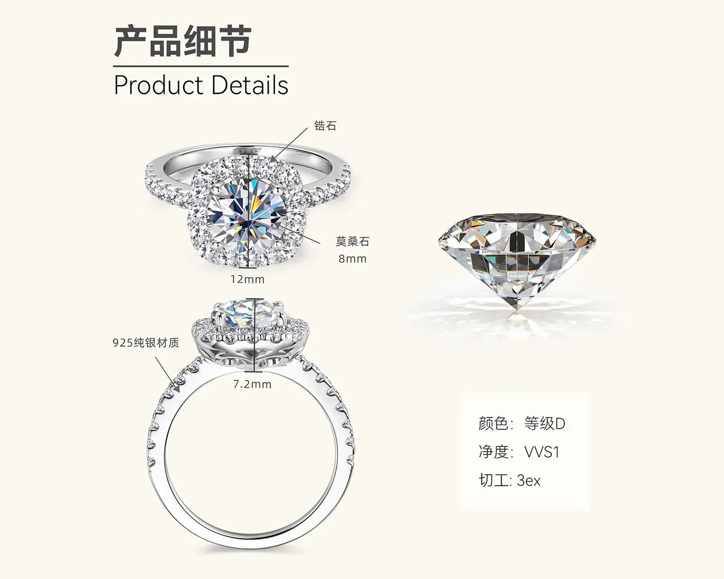 luckacco real 2ct 8mm round moissanite square ring 925 sterling silver luxury brilliant diamond wedding finger rings band for women