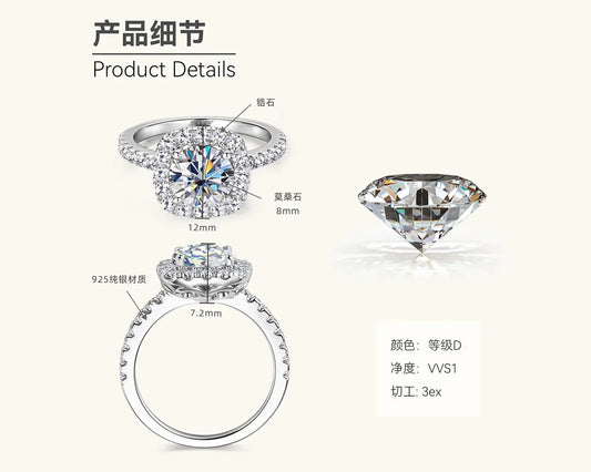 Luckacco Real 2CT 8mm Round Moissanite Square Ring 925 Sterling Silver Luxury Brilliant Diamond Wedding Finger Rings Band For Women