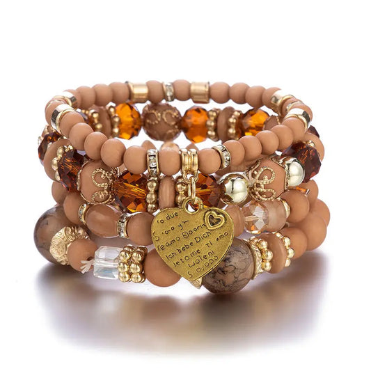 Luckacco 4Pcs/set Boho Ethnic Heart Beaded Bracelet Set For Women Handmade Crystal Beads Chain Bangle Female Bohemia Jewelry Gift