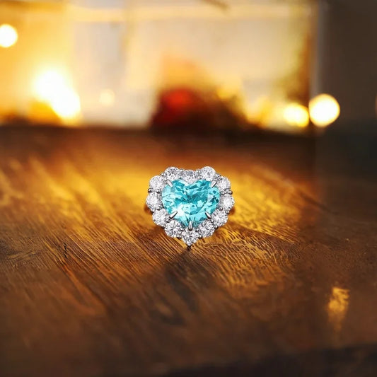 Luckacco Heart Shape 925 Silver Rings Lab Grown Paraiba Diamond Jewellery Gift for Her Wedding