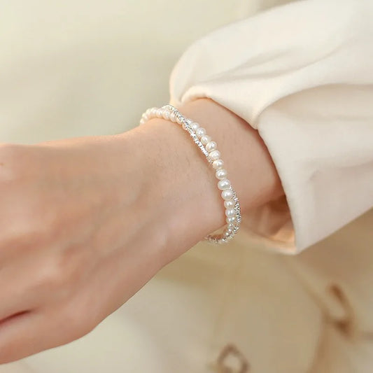 Luckacco Fashion 925 Sterling Silver Pearl Bracelets for Women Girls Luxury Double Layer Pearl Silver Chain Bracelets Party Jewelry Gifts