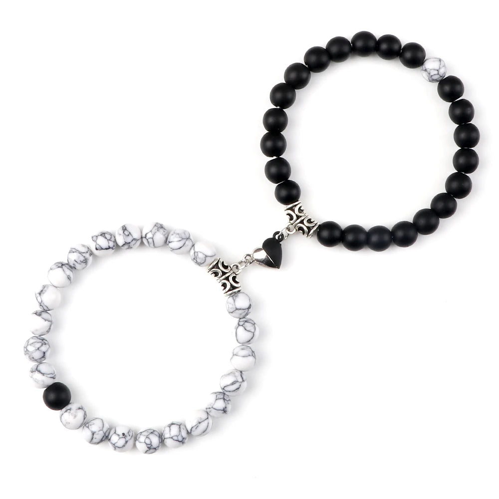 luckacco 2pcs/set natural stone beaded bracelet for lovers distance heart magnet buckle couple bracelets friendship fashion jewelry gifts