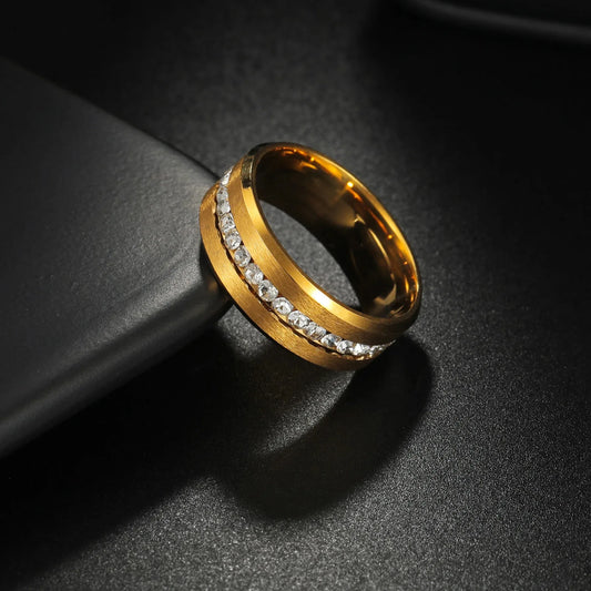 Luckacco Couple Rings Exquisite Women Rhinestones Zirconia Rings Set Simple Gold Color Men Stainless Steel CZ Stone Rings Wedding Jewelry