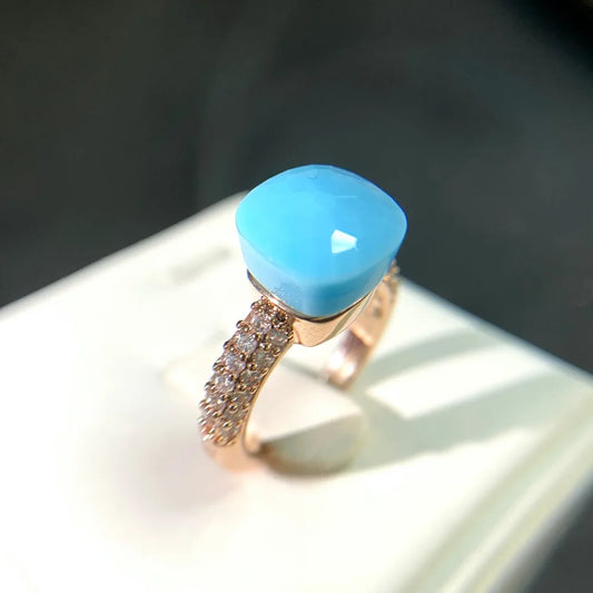 Luckacco Hot Candy Square Ring Inlay Zircon Colorful Crystal Ring For Women Party Fashion Jewelry Gold Plated Blue Topaz Ring Gift
