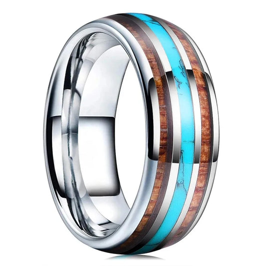 Luckacco Fashion 8mm Men Stainless Steel Rings Silver Color Brushed Deer Antler And Koa Wood Rings for Men Wedding Band Jewelry