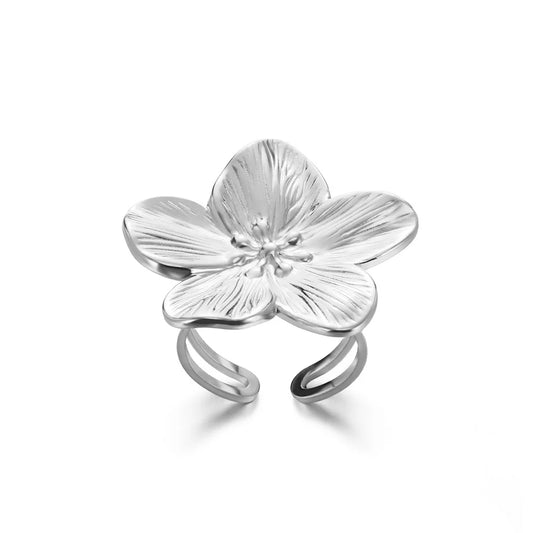 Luckacco Elegant Stainless Steel Big Bloom Flower Rings For Women Gold Color Sun Starfish Open Ring Finger Jewelry Wedding Her Gift Punk