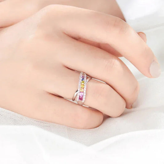 Luckacco Rainbow Cubic Zirconia Cross Rings for Women Newly Designed Wedding Engagement Accessories Silver Color Trendy Jewelry