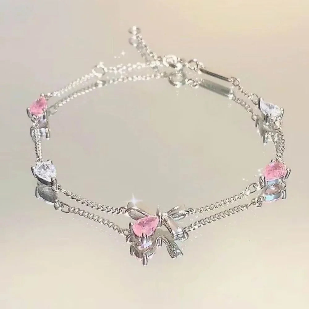 luckacco elegant crystal flowers bracelet for women y2k sweet girls moon cherry blossom bow zircon bracelets luxury jewelry gift