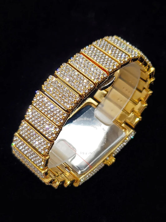 Luckacco Gold Men's Watches Rectangle Dial Luxury Diamond Fashion Big Wristwatches Luminous Point Iced Quartz Watch For Men