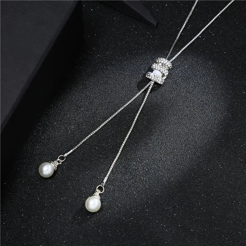 luckacco 2024 new high quality fashion metal long tassel rhinestone crystal pearl long chain necklace sweater patry necklace jewelry