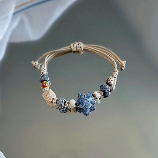 Luckacco Kaseakia Handmade Vintage Ceramic Stone Beads Wax Cord Adjustable Beaded Bracelets Bohemian Boho Jewelry for Women