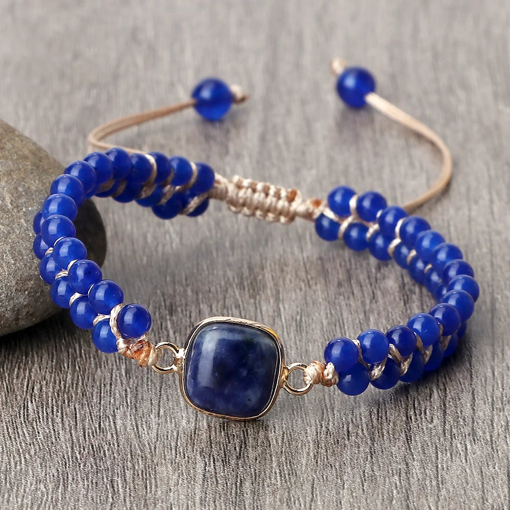 luckacco handmade natural chalcedony stone wrap bracelet & bangle charm lazurite pendant braided beaded bracelets women men yoga jewelry