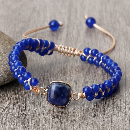 Luckacco Handmade Natural Chalcedony Stone Wrap Bracelet & Bangle Charm Lazurite Pendant Braided Beaded Bracelets Women Men Yoga Jewelry