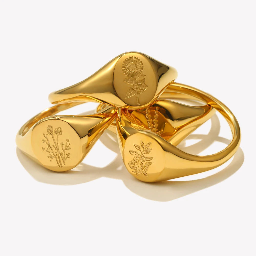luckacco e.b.belle tarnish free stainless steel 18k gold plated engraving wildflower tea leaf lavender sunflower signet rings for women