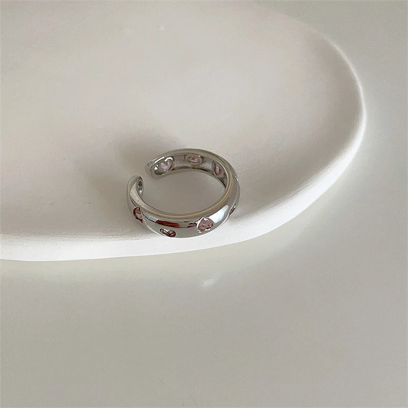 luckacco pink crystal irregular heart rings creative zircon bowknot opal love heart open ring y2k shiny rings for women party jewelry