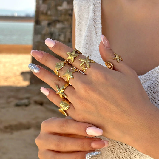 Luckacco Trendy Gold Color Stainless Steel Ring for Women Bohemian Shell Starfish Conch Flower Butterfly Heart Ring Party Jewelry Gift