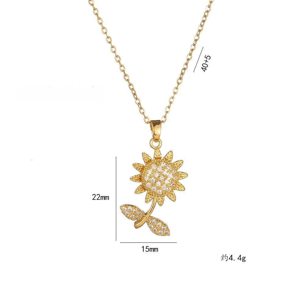 luckacco korea trendy crystal sunflower rotatable pendant necklace for women luxury silver color stainless steel zircon choker jewelry