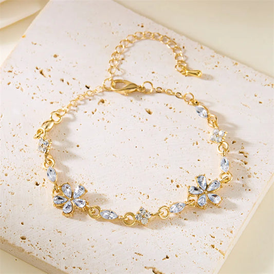 Luckacco Charm Red Crystal Zircon Flower Bracelet For Women Vintage Boho Full Rhinestone Flowers Bangles Girls Party Christmas Jewelry