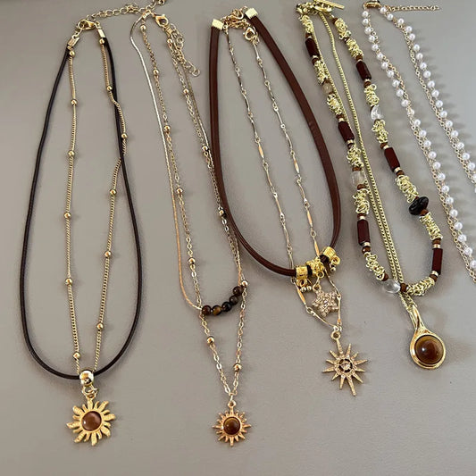 Luckacco Sun Star Zircon Necklace for Women Vintage Leather Necklace Double Layered Pendant Chain Choker Fashion Jewelry