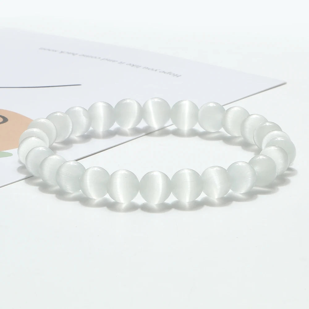luckacco natural cat eye stone bracelet & bangle for women brief white pink opal beads yoga balance jewelry lucky wristband handmade gift
