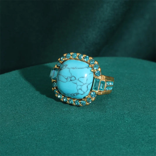 Luckacco Vintage Wedding Rings for Women Round Blue Natural Oval Green Crystal Horse Eye Shape Glass Retro Pattern Gold Color Jewelry