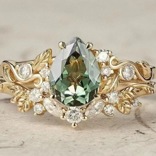 Luckacco Charm Women Rings Gold Color Waterdrop Flower White Green Stone Rings Set Party Accessories Gift