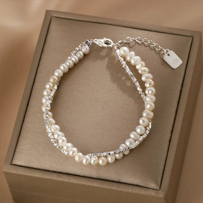 Luckacco Fashion 925 Sterling Silver Pearl Bracelets for Women Girls Luxury Double Layer Pearl Silver Chain Bracelets Party Jewelry Gifts
