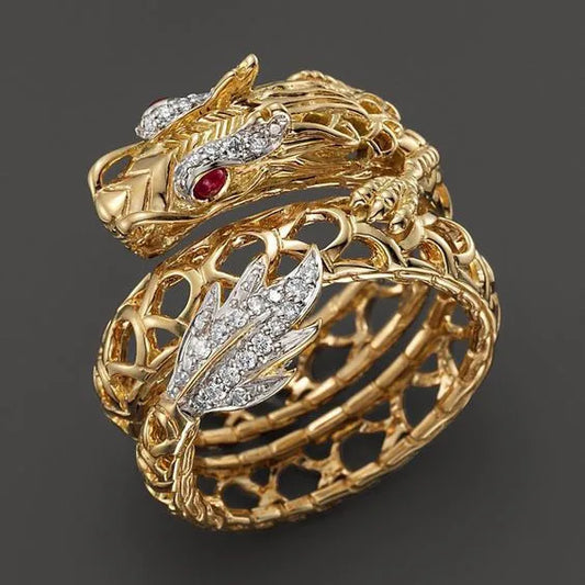 Luckacco Exquisite Delicate Gold Color Dragon Rings for Women Trendy Metal Inlaid Red White Stone Wedding Engagement Jewelry