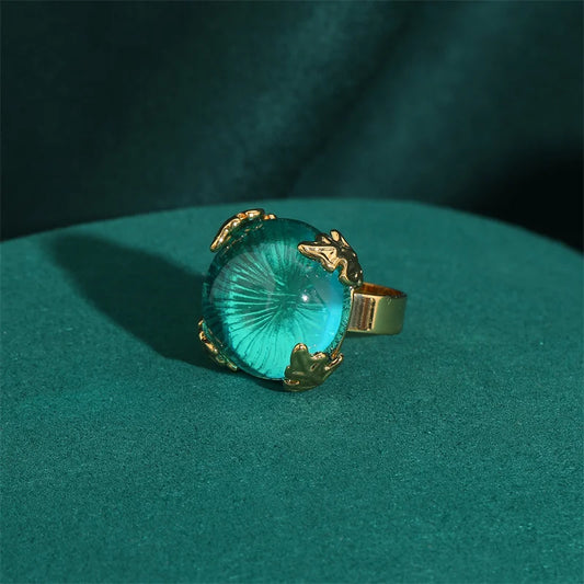 Luckacco Vintage Wedding Rings for Women Round Blue Natural Oval Green Crystal Horse Eye Shape Glass Retro Pattern Gold Color Jewelry