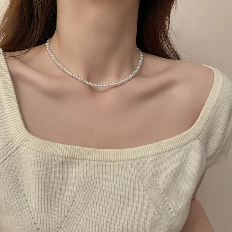 luckacco fashion elegant white imitation pearl chokers necklace for women men wedding banquet necklaces vintage handmade jewelry gift