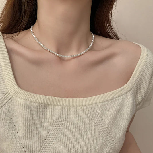 Luckacco Fashion Elegant White Imitation Pearl Chokers Necklace For Women Men Wedding Banquet Necklaces Vintage Handmade Jewelry Gift