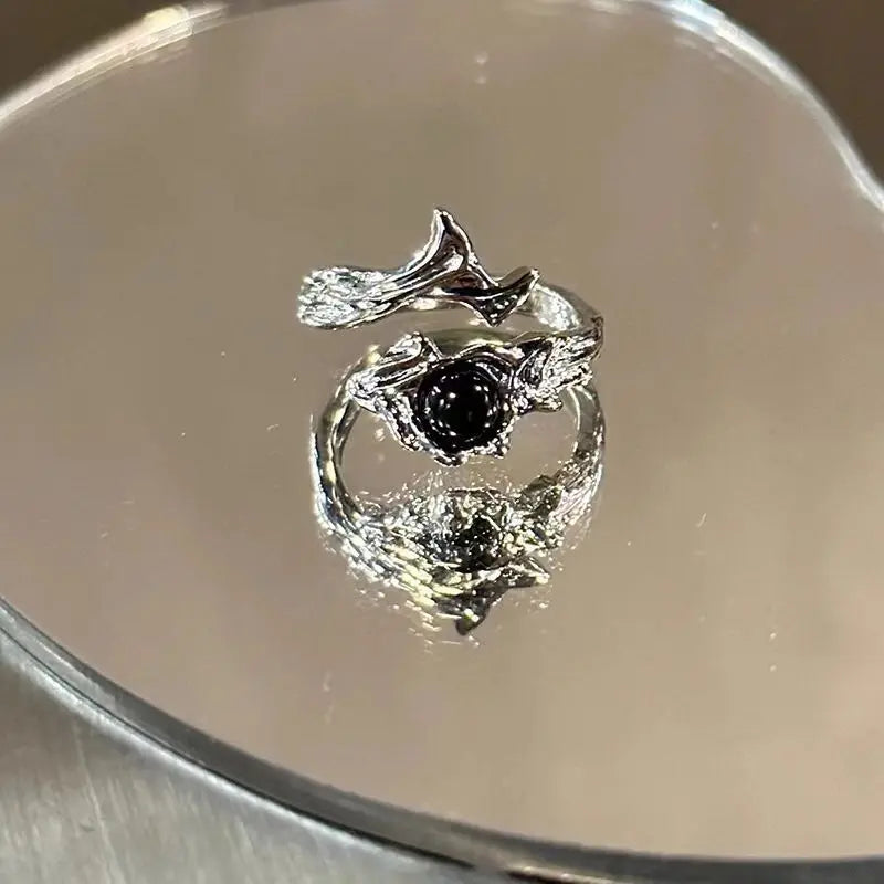 luckacco gothic irregular gemstone ring aesthetic girls adjustable black stone ring women's liquid punk ring vintage jewelry accessories