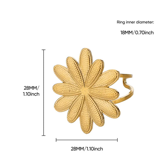 Luckacco Elegant Stainless Steel Big Bloom Flower Rings For Women Gold Color Sun Starfish Open Ring Finger Jewelry Wedding Her Gift Punk
