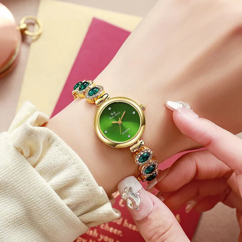 luckacco famous brand women's quartz watches luxury green gemstone bracelet watch gift female wristwatch  relojes para mujer