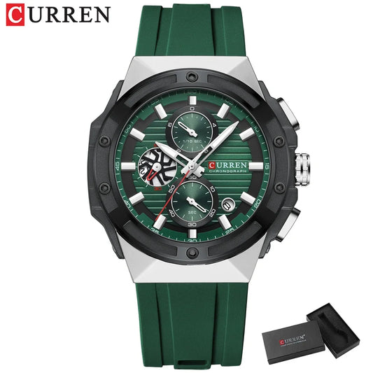 Luckacco CURREN Fashionable Sports Multifunctional Chronograph Quartz Watch with Silicone Strap Creative Design Dial Luminous Hands