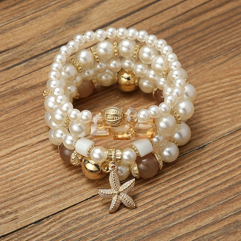 luckacco imitation pearl stretch bead bracelets set for women metal adjustable elastic charms vintage strand girls' fashion jewelry c1306