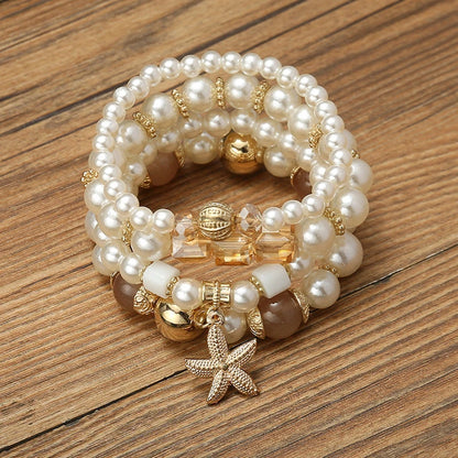 Luckacco Imitation Pearl Stretch Bead Bracelets Set For Women Metal Adjustable Elastic Charms Vintage Strand Girls' Fashion Jewelry C1306